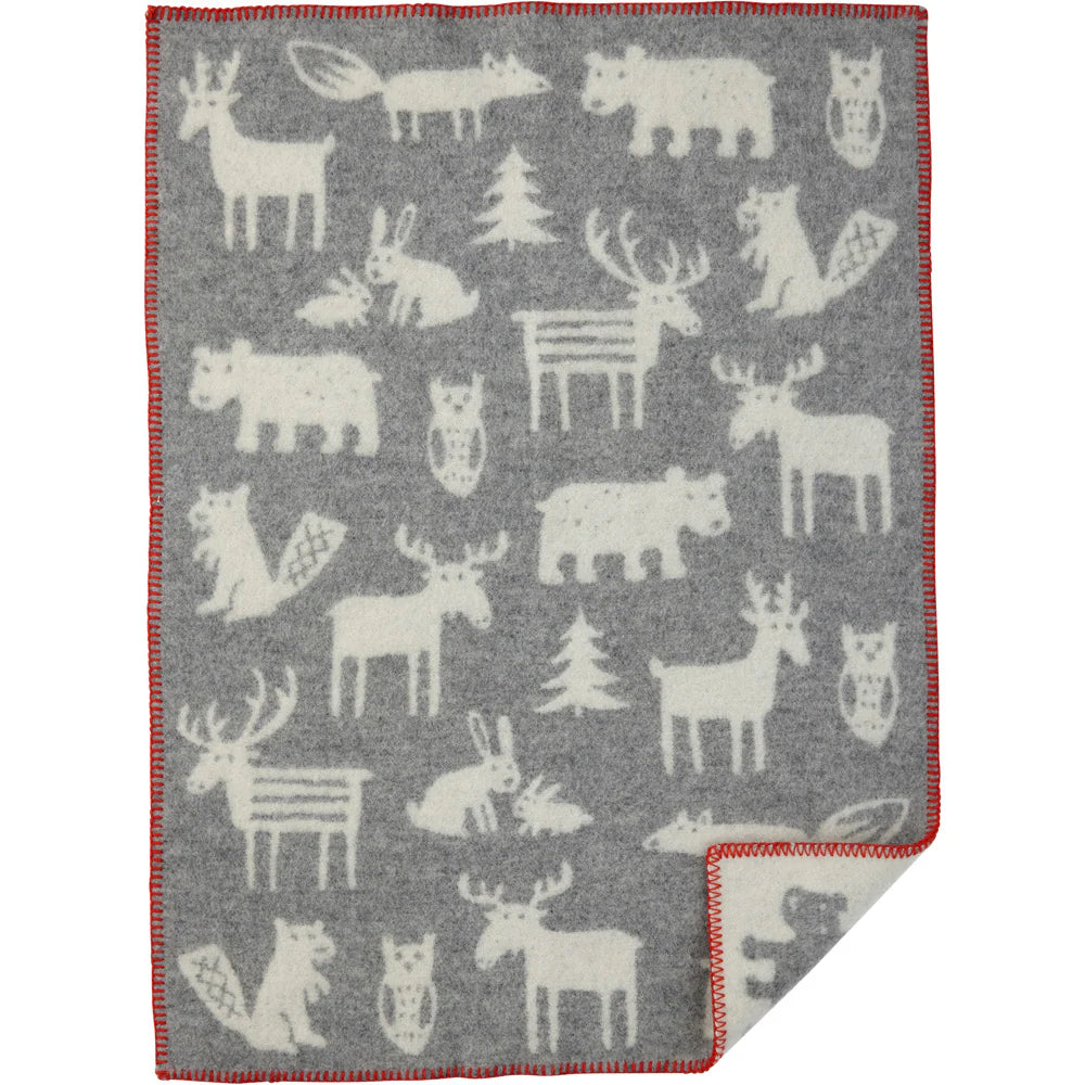 Forest kids throw lambswool, in Grey with red stitching