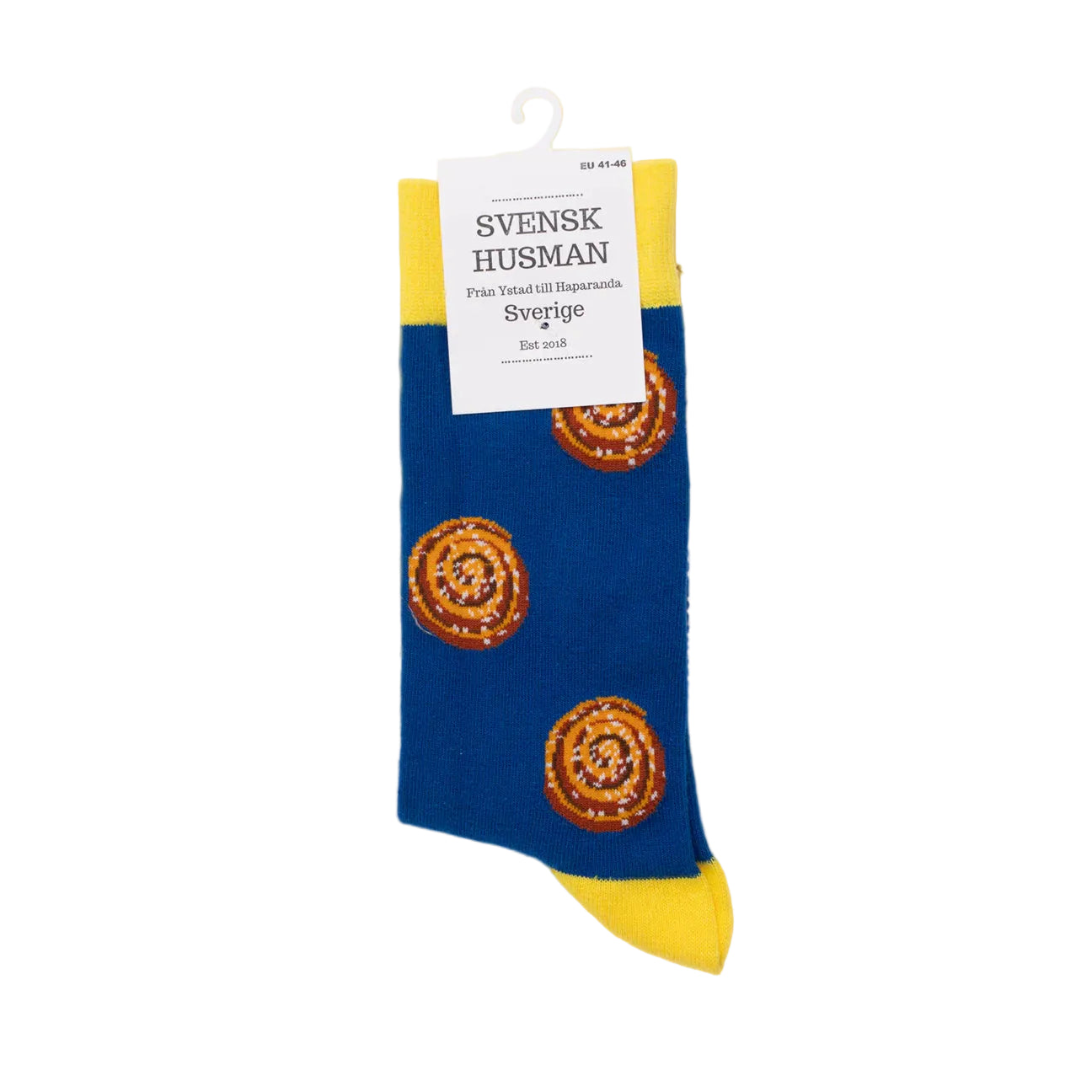 A single blue Svensk Husman Socks Cinnamon Bun sock with yellow heel and cuff, featuring repeating cinnamon roll images and a Swedish label at the top—a perfect nod to Swedish fika.