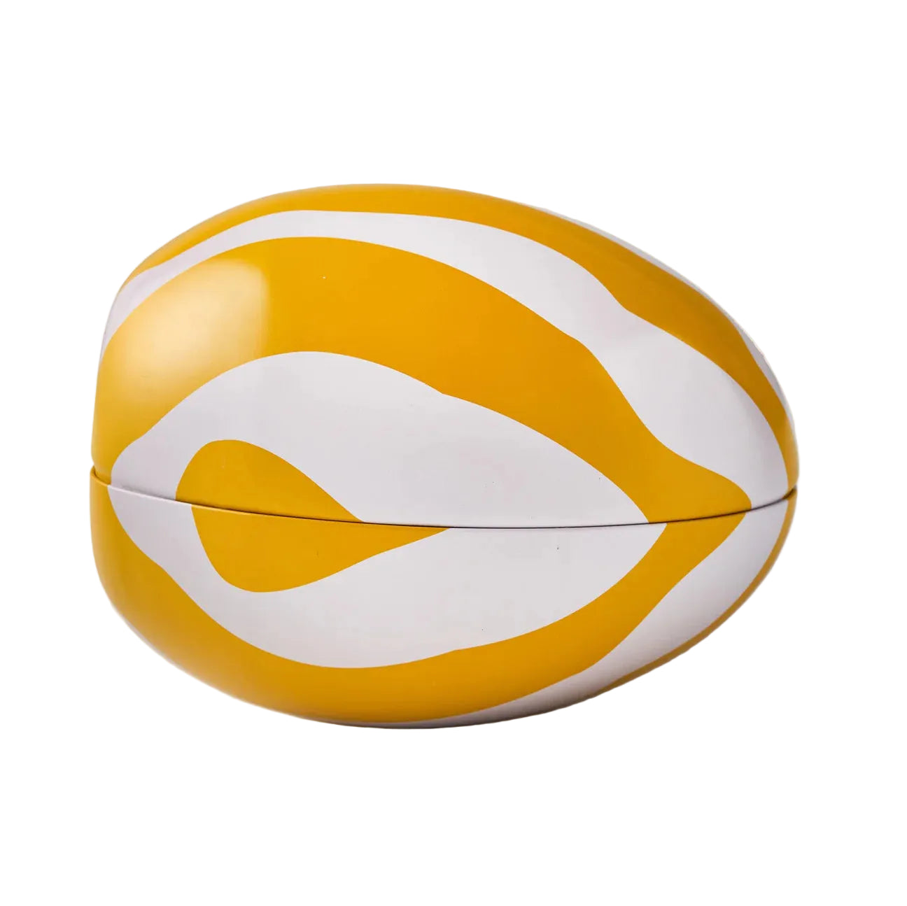 The Zebran Big Reusable Easter Egg by Gåva Gifting is a Swedish-style tin påskägg with bold yellow and white stripes, seamless glossy finish, and plain white background—perfect for holding Swedish candy.