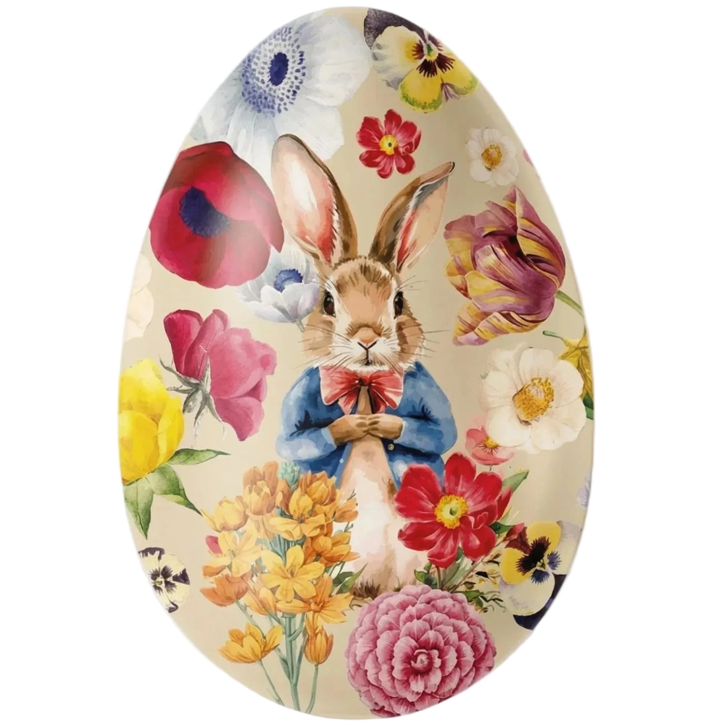 The Mio Reusable Easter Egg by Gåva Gifting is a Swedish-style tin Påskägg featuring an Easter bunny in a blue jacket amid poppies, tulips, pansies, and peonies—perfect as a sustainable gift or for filling with Swedish candy.