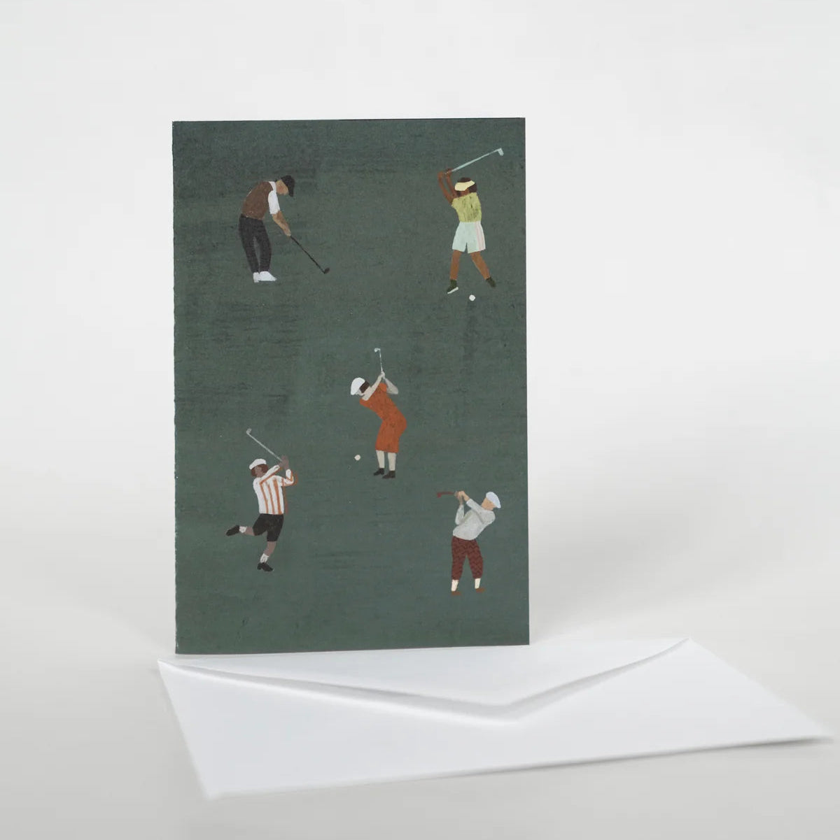 The Fine Little Day Golf Card w. Envelope, A6, features five people in colorful outfits playing golf mid-swing. The folded card comes with a white envelope and is blank inside for your personal message.
