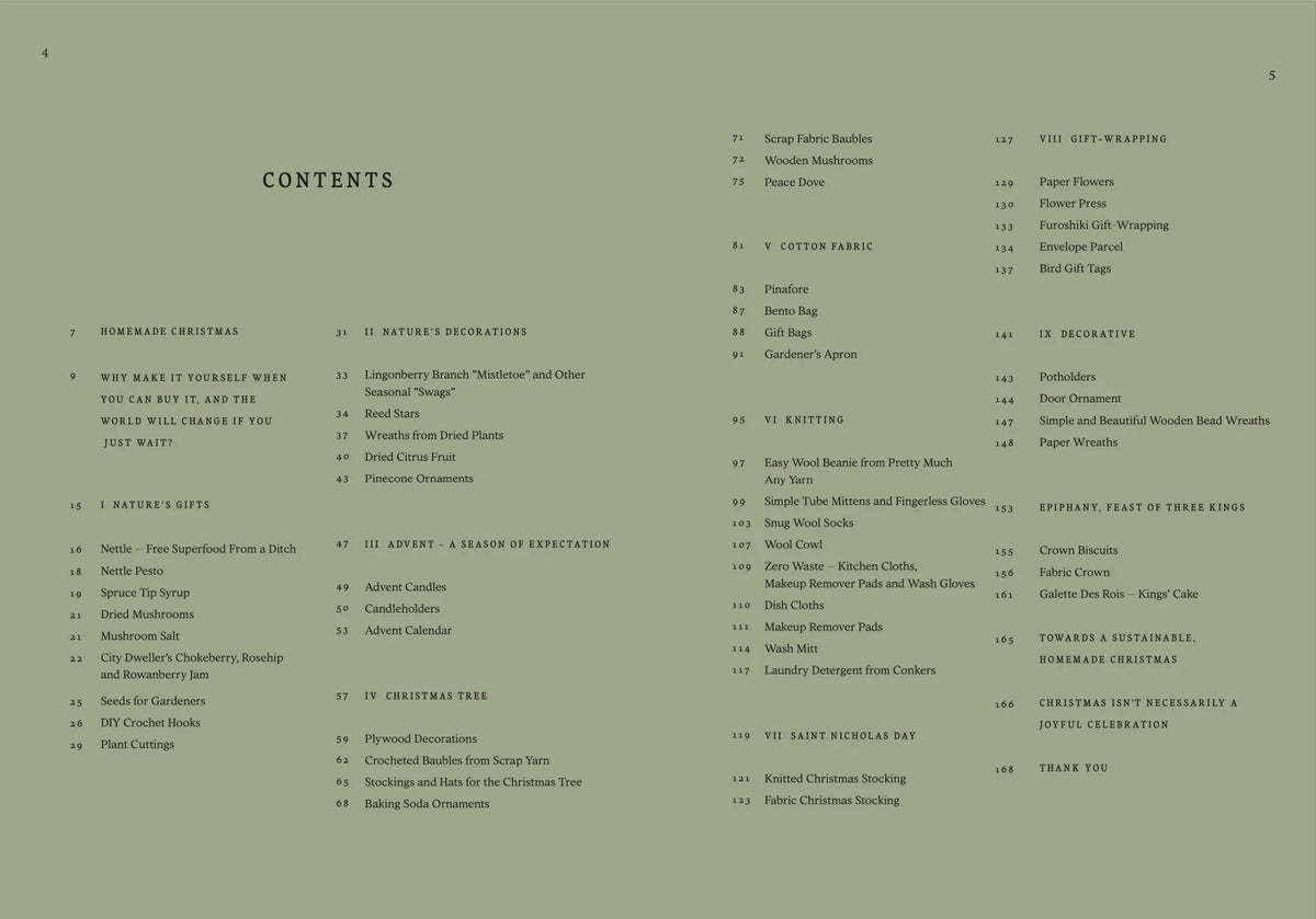 A festive table of contents in “I Made This for You – Christmas Gift and Decorations Crafted with Love” by Cozy Publishing stretches across two green pages, presenting chapter titles and page numbers for decorations, recipes, homemade Christmas gifts, craft ideas, and other themed projects. Black serif text neatly arranges eight main sections.