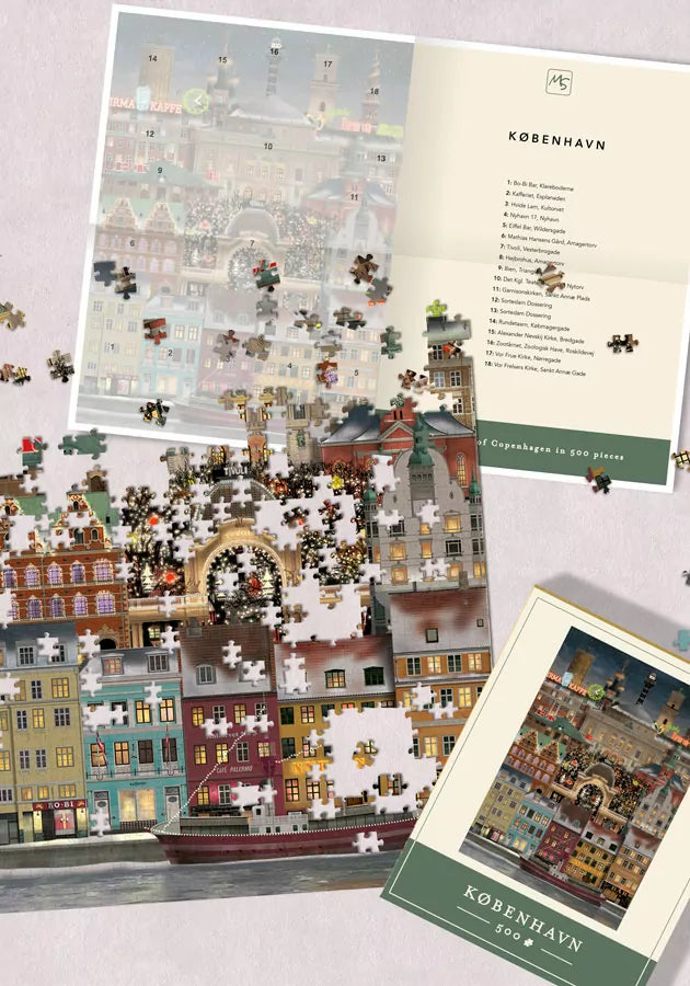 A partially assembled Christmas in Copenhagen Puzzle, 500 Pieces, shown alongside its completed reference guide and box lid.