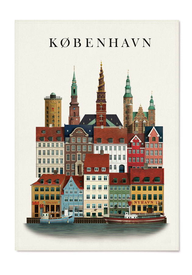 The Martin Schwartz Tea Towel Copenhagen, 50 x 70 cm, features a bold “København” above vibrant waterfront buildings. Hand printed on organic cotton and packaged in recyclable materials.