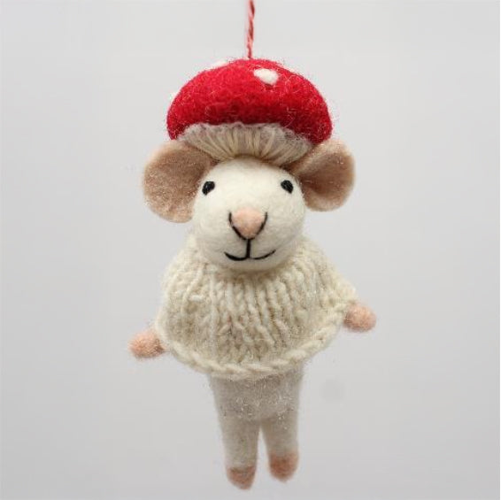 The Wool Mouse w. Mushroom Hat Christmas Ornament by A World of Craft features a felt mouse in a red mushroom cap and white sweater, hanging by a red and white string—perfect for your festive décor.