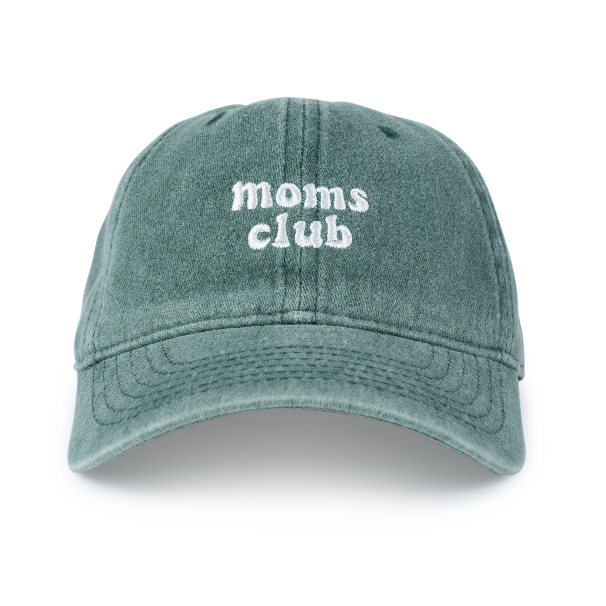 The Sui Ava Everyday Cap, Moms Club in Green, is a 100% cotton washed cap with "moms club" embroidered in white on the front, shown against a plain white background.