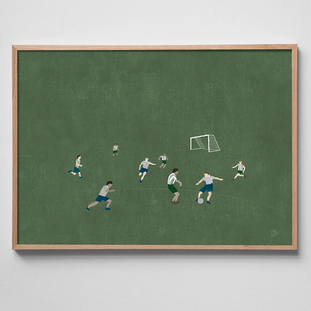 Football Soccer Print, Green (70x50 cm) by Fine Little Day: a minimalist illustration of seven players in blue or white/green uniforms on a green field with a white goalpost. Original art by Elisabeth Dunker, created with acrylic and crayon.