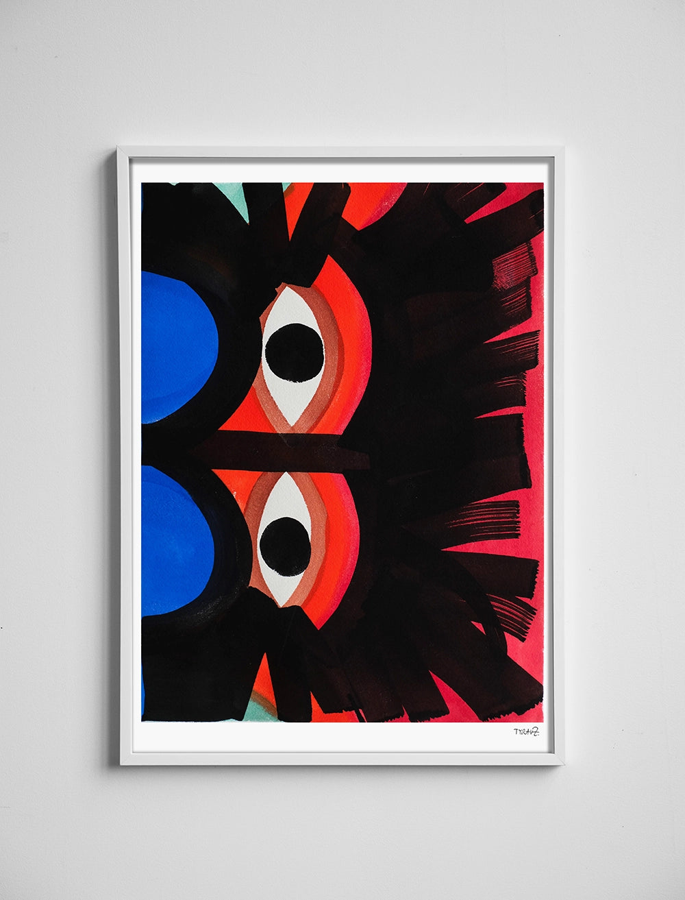 Eyes Print by Tyra von Zweigbergk for Fine Little Day (50x70 cm) features bold geometric shapes, two large blue circles, black zigzags, and red-orange tones in a distinctive Beckmans School of Design-inspired style.