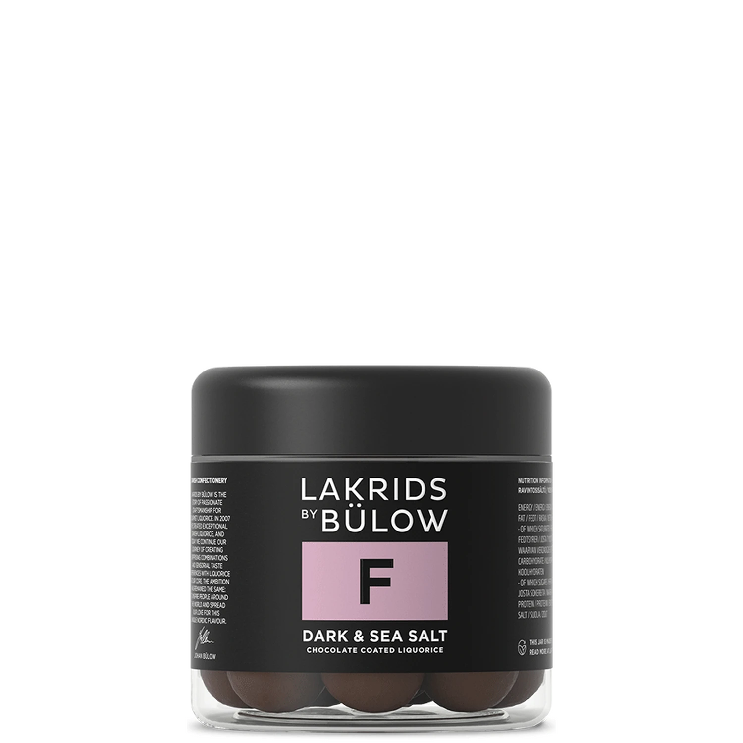 A small jar of Lakrids by Bülow Dark & Sea Salt Liquorice (F), featuring a black lid and a label adorned with a pink square and white text, offers an irresistible treat that perfectly balances rich dark chocolate with a touch of sea salt.