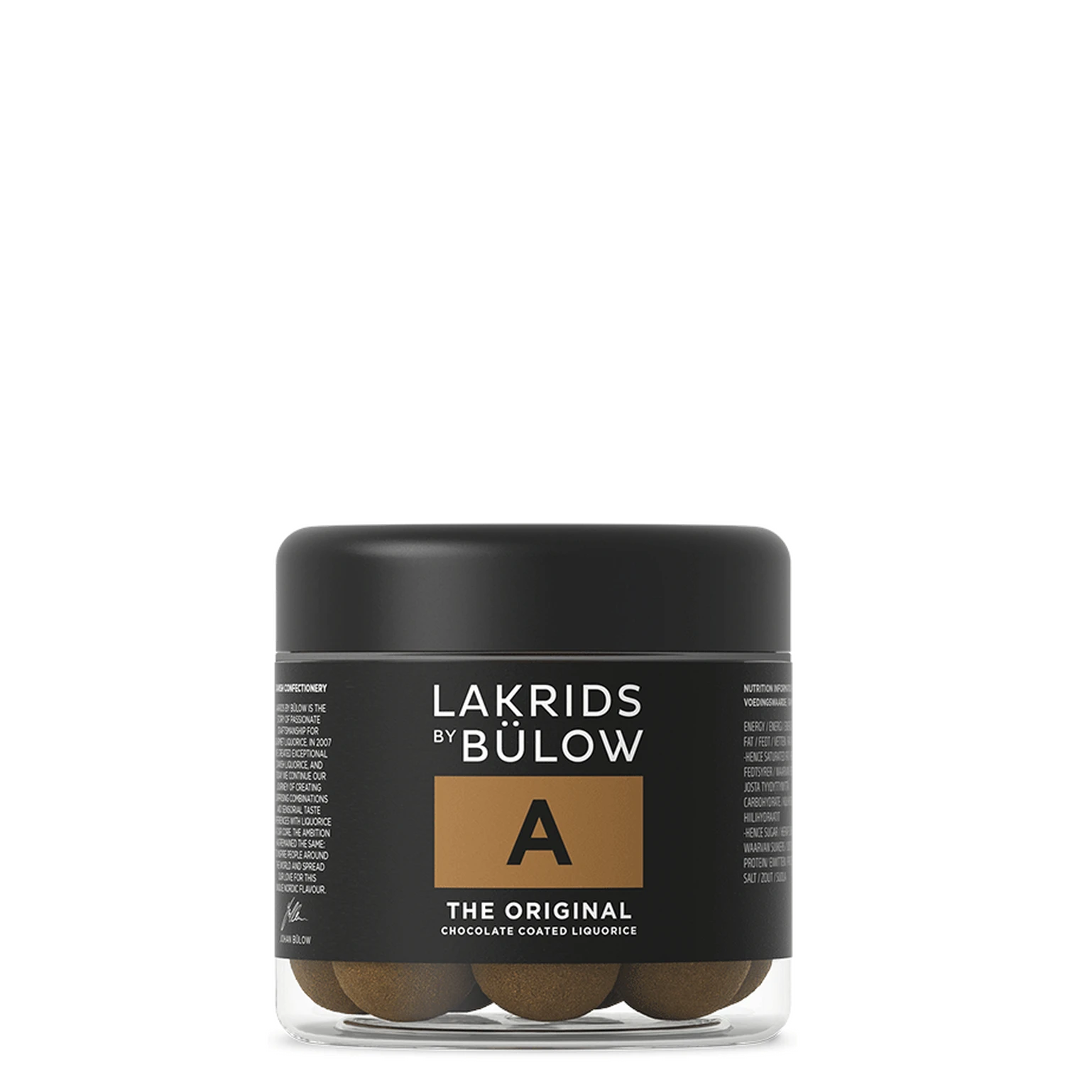 A small jar of The Original Liquorice by Lakrids by Bülow, featuring a black lid and a distinctive black and gold label with the letter A. Each piece pairs sweet liquorice with a smooth coating of milk chocolate for an irresistible treat.