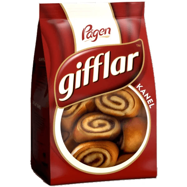 A red package of Deli Pågen Kanel Gifflar, Mini Cinnamon Buns 260g, features a clear window revealing Swedish mini buns with rich cinnamon filling inside.