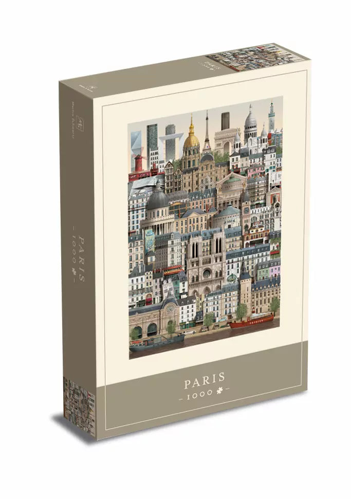 The Martin Schwartz Paris Puzzle, 1000 Pieces, showcases a vibrant illustrated collage of iconic landmarks like the Eiffel Tower, Notre-Dame, and Sacré-Cœur in a detailed and colorful design.