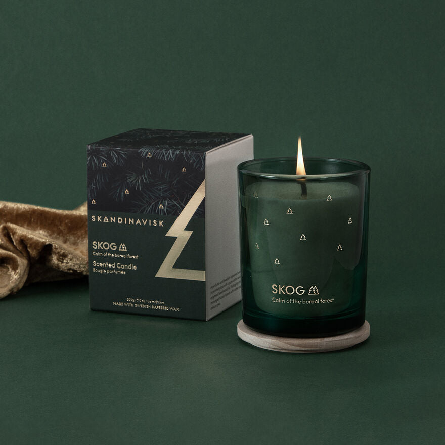 The Skandinavisk Seasonal Skog Gold Scented Candle 50h, 200g, made from Swedish rapeseed wax, sits on a round base beside its box against a dark green background, filling the air with the scent of pine needles.