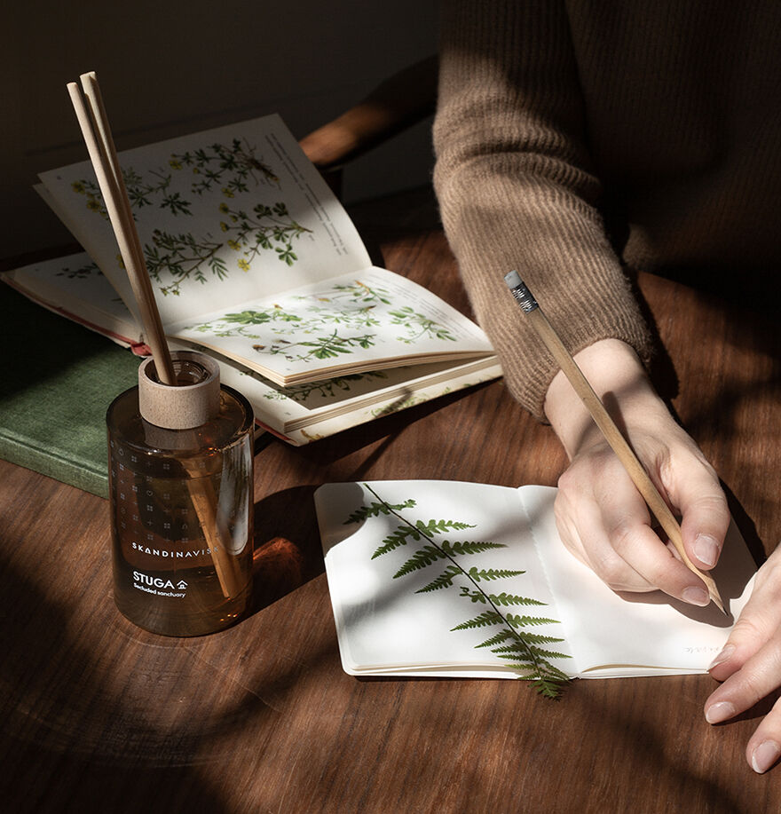 A person writes in a notebook beside a fern leaf, an open book with botanical art, a closed book, pencils in a brown glass jar, and the Skandinavisk Scent Diffuser Seasonal Stuga 200ml on a wooden table.