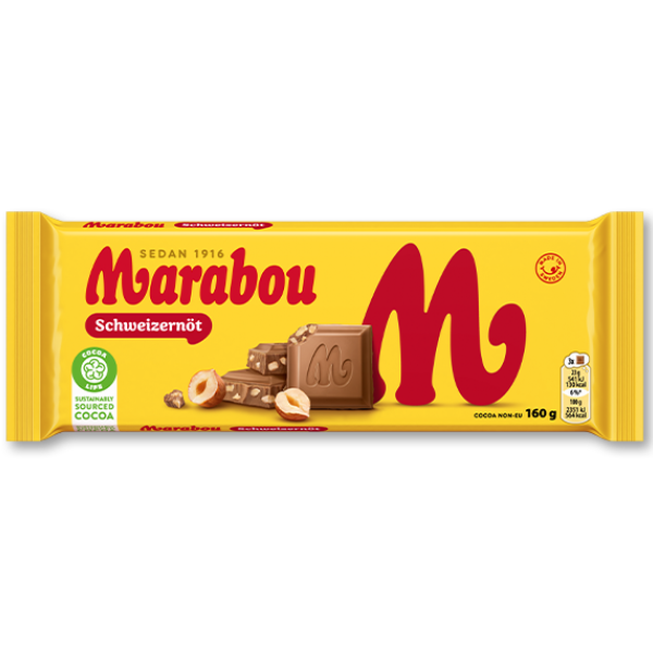 A Deli Marabou Mjölkchoklad Schweizernot – Hazelnut Chocolate 160g bar in yellow packaging with red text, featuring Swedish milk chocolate and whole hazelnuts on the front.