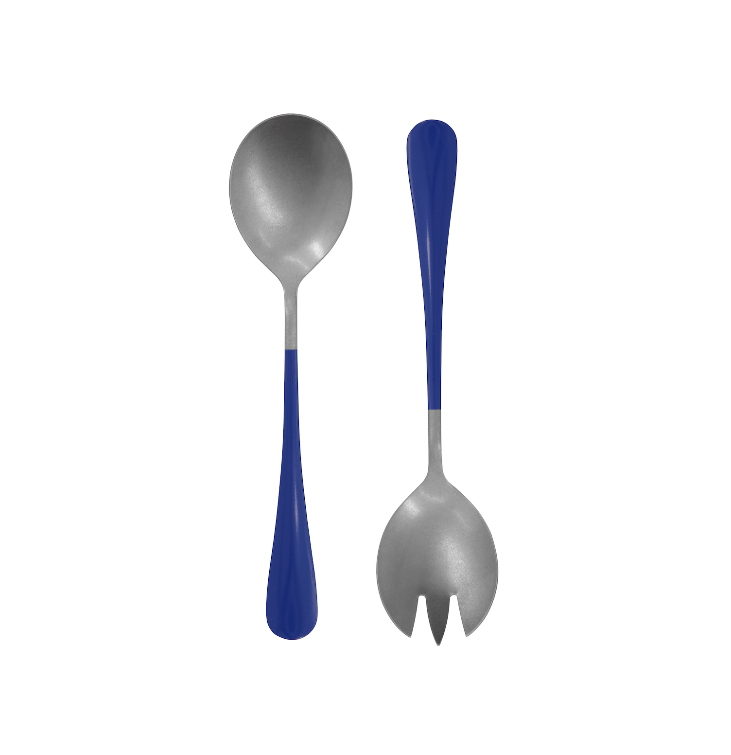 The Nicolas Vahé Salad Set in Stainless Steel, Blue, features a spoon and a three-tined spork with silver tops and blue handles, displayed on a white background for a stylish serving presentation.