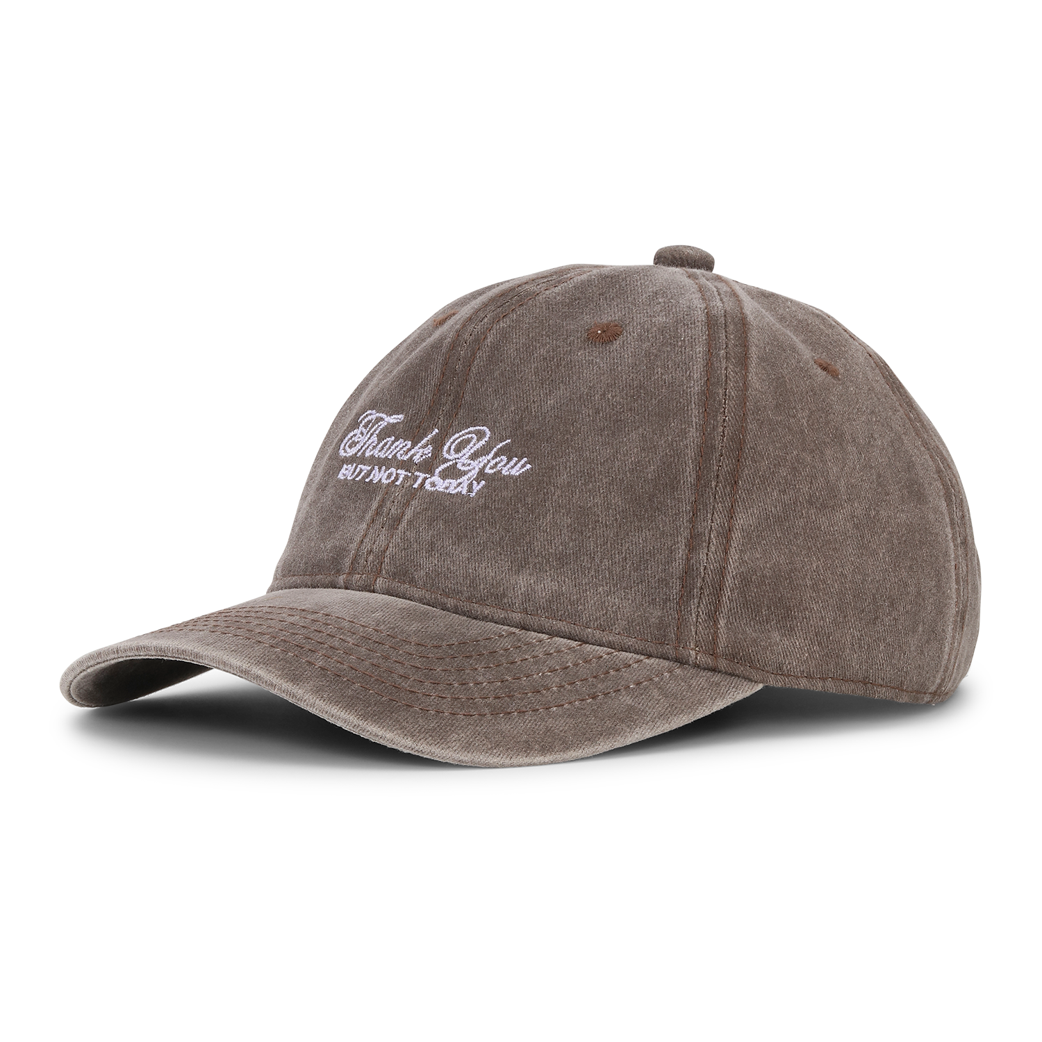 The Sui Ava Soft Served Cap in faded chocolate brown features "Thank You BUT NOT TODAY" embroidered in white on the front, made from distressed cotton and displayed against a plain white background.