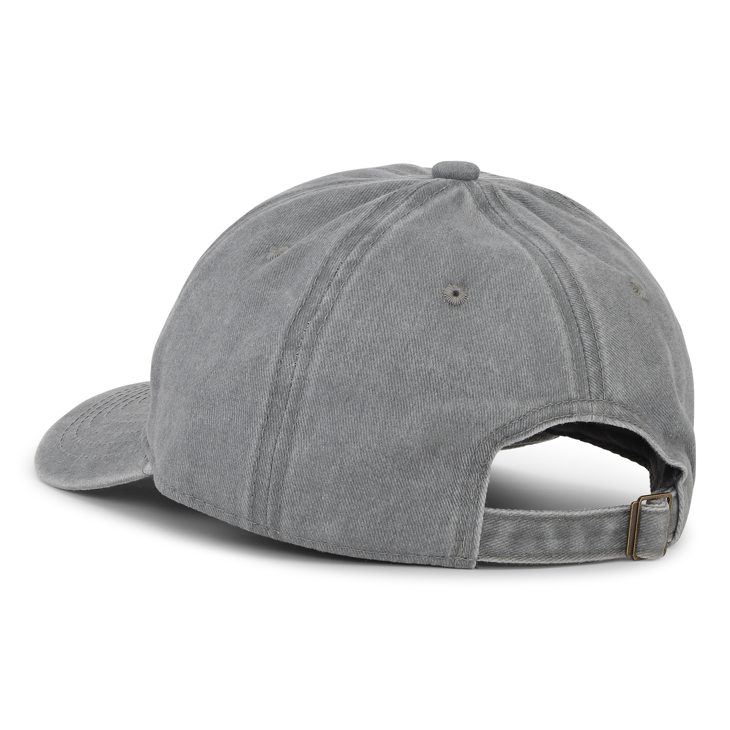 The Sui Ava Soft Served Cap, Busy Relaxing in Liqourice Grey, is a gray cap seen from the back, featuring an adjustable metal buckle closure and stitched eyelets for ventilation.