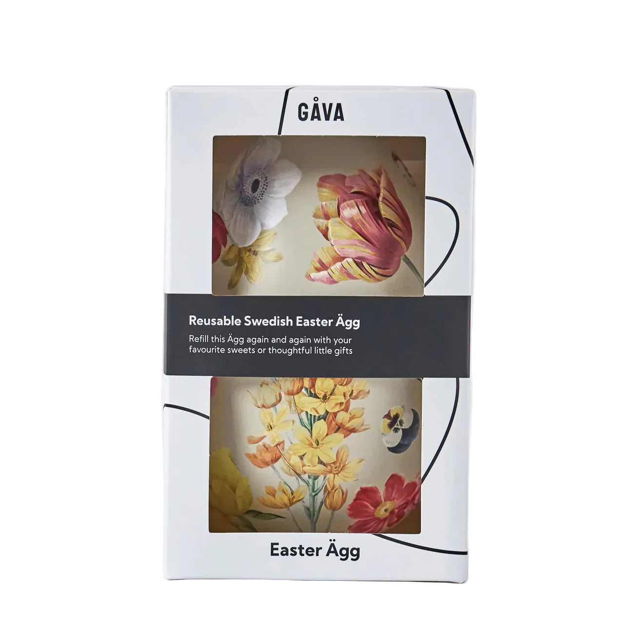 Reusable Swedish Easter Egg packaging with floral design and 'Gäva' branding.