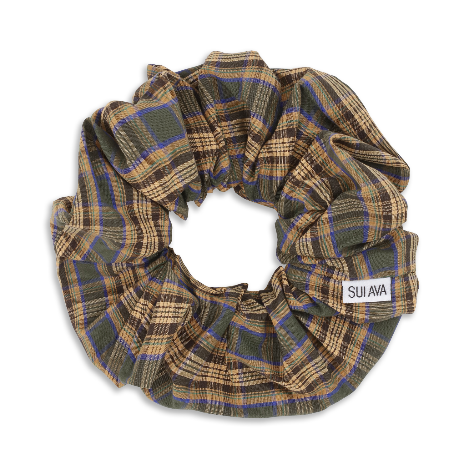 The Tartan Scrunchie in Green / Blue by Sui Ava features a stylish green, brown, and blue plaid pattern with a white “SUI AVA” tag sewn on one side.