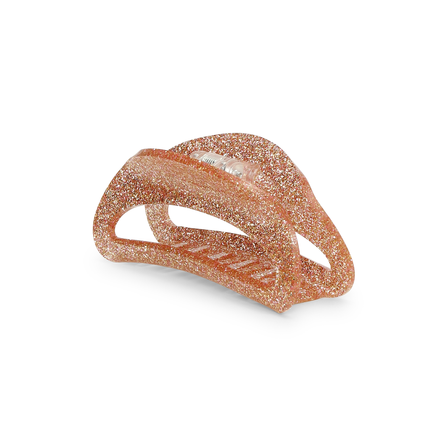 The Sui Ava Theresa Hair Claw Clip Big in Toffee is a sparkly, translucent peach-colored accessory with gold glitter, ideal for thick hair and versatile styling, pictured on a plain white background.