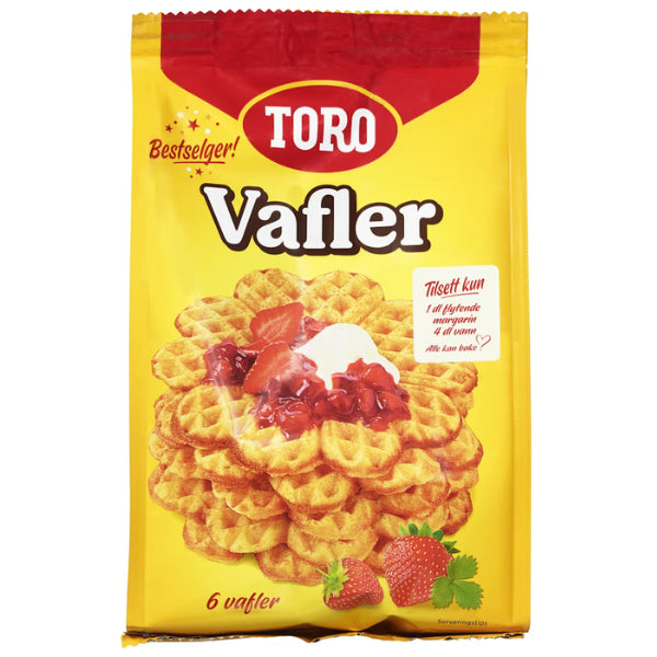 A yellow 246g package of Blåbär Nordic Living Toro Vafler – Waffle Mix features Norwegian waffles with cream and strawberry sauce; makes 6 waffles.