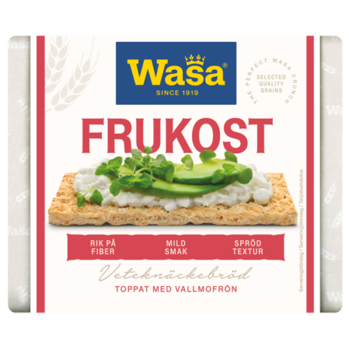 Deli Wasa Frukost Wheat Crispbread 240g: enjoy its fiber, mild flavor, and crispy texture topped with cottage cheese, cucumber, and sprouts—a perfect light vegan breakfast or snack anytime.