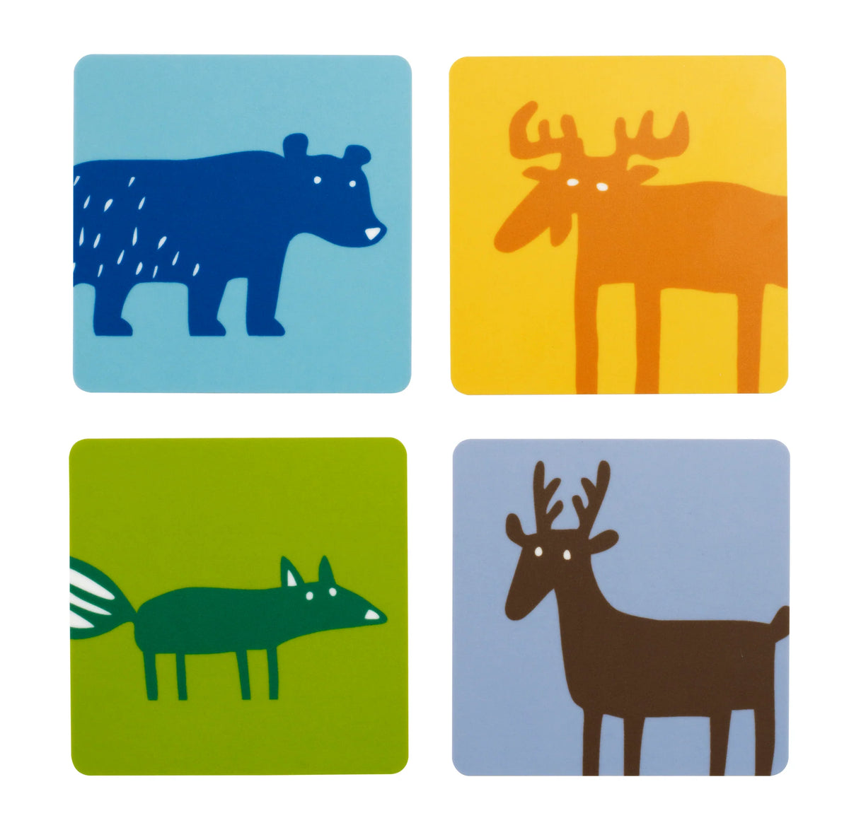 The Wild Animal Coasters Birchwood Set of 4 by Bengt & Lotta features playful Scandinavian-inspired artwork, with each coaster displaying a vibrant cartoon animal—a blue bear, an orange moose, a green fox with a white tail, and a brown deer with antlers—set against colorful backgrounds. Perfect as unique home accents or for adding charm to your table setting.