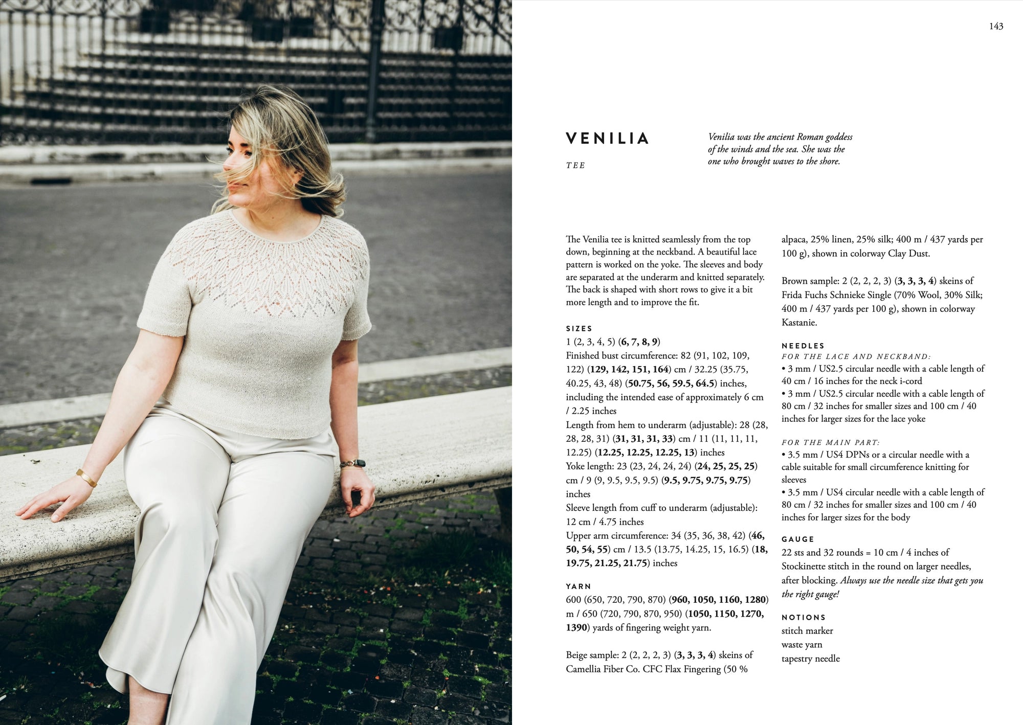 A woman with shoulder-length blonde hair sits on a stone bench outdoors wearing a light knit top and trousers. The opposite page features summer knit patterns from the Summer Knits Book by Cozy Publishing, including the Venilia top by Sari Nordlund.