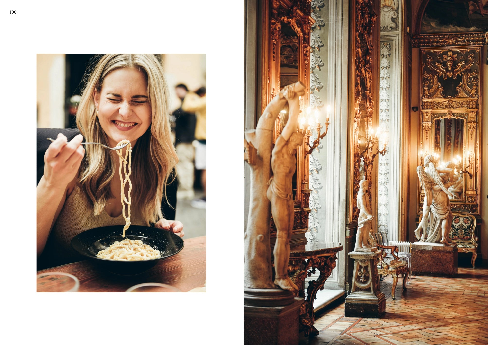 On the left, knitwear designer Sari Nordlund, author of Cozy Publishing's Summer Knits Book, enjoys pasta at a restaurant. On the right, an ornate golden room displays classical statues and detailed decorations.