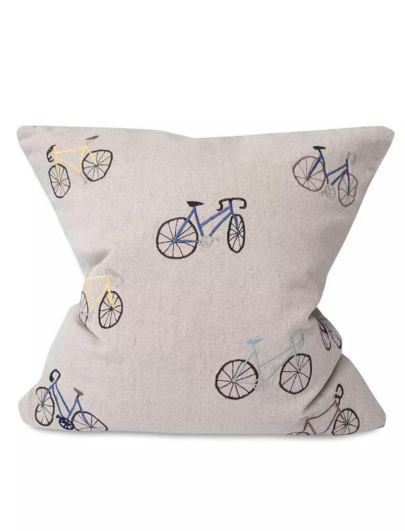 Bicycles Embroidered Cushion Cover w. Inner Cushion