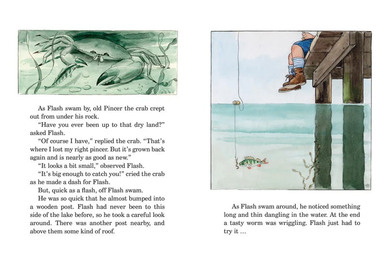 The left image shows a crab under a rock, while the right recalls Elsa Beskow’s style: someone with rolled-up jeans sits at the dock, toes above water—like a scene from “The Curious Fish Mini Edition Book” by Elsa Beskow.