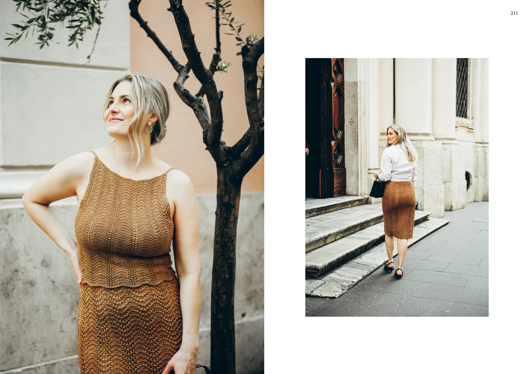 Two outdoor photos of a woman: on the left, she smiles by a tree; on the right, she walks away in a brown knit dress and sandals—showcasing Sari Nordlund’s designs from "Summer Knits Book" by Cozy Publishing for knitwear inspiration.