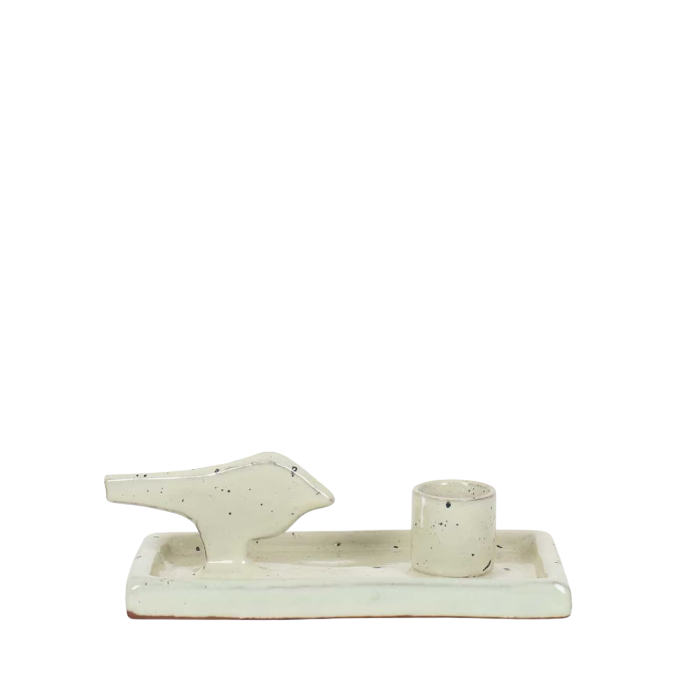 The Candle Holder Earth Bird by A World of Craft is a handmade, white speckled stoneware tray with a bird-shaped figure and a small cup—minimalist décor or candlestick holder, fair trade crafted.