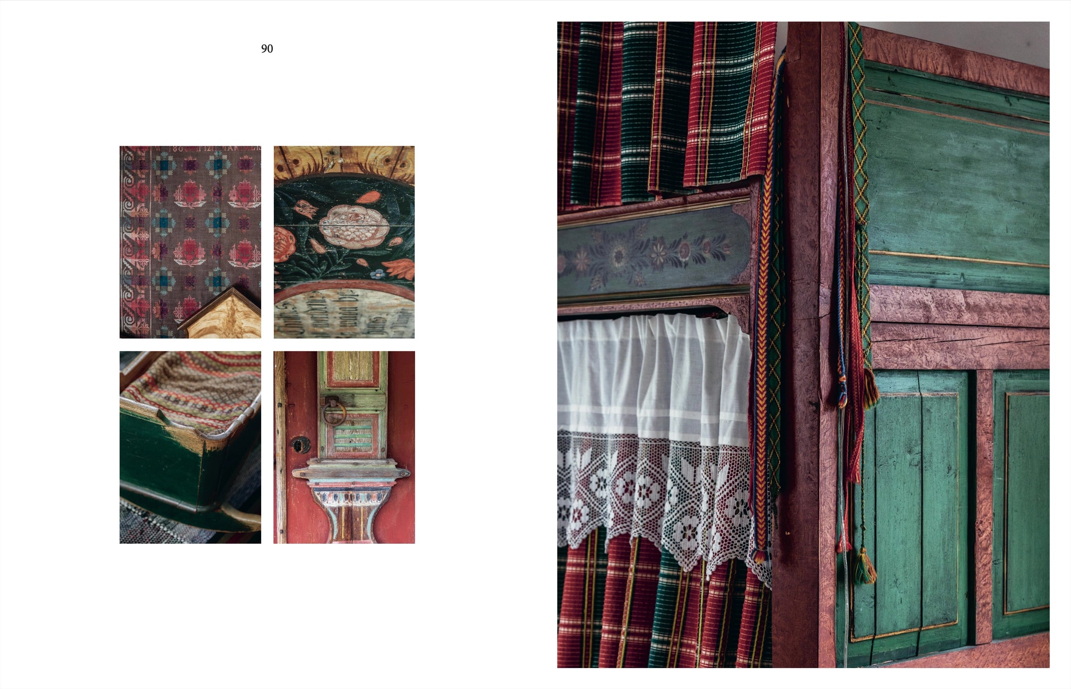 A collage highlights vintage home details from "Genuine – Handmade Beauty from the North" by Cozy Publishing: painted floral motifs, a crocheted blanket, checkered curtains, lace drapery, and green wood paneling with red-pink trim.