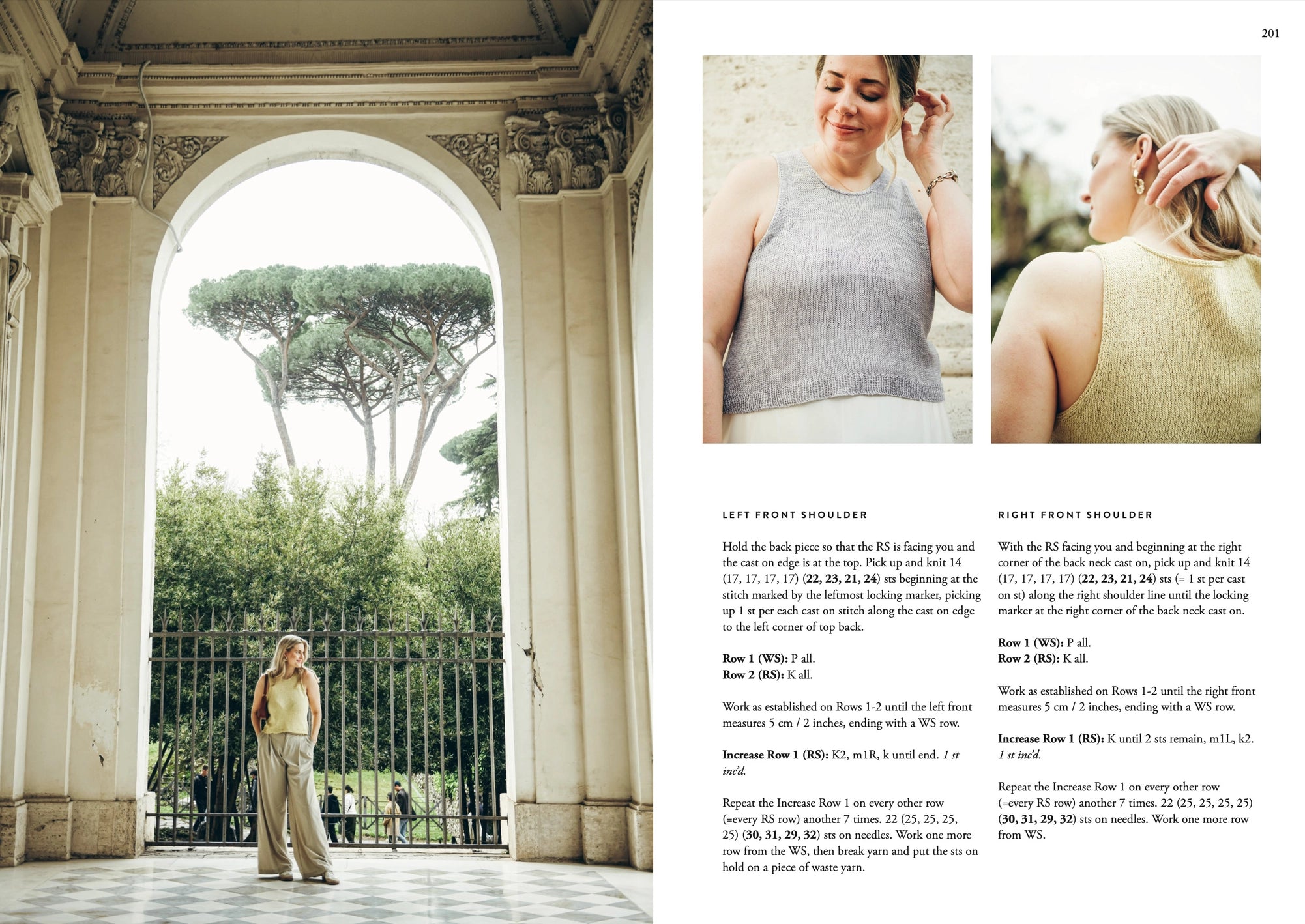 A woman in beige pants and a sleeveless top stands under a stone archway. On the right, two detailed images from the "Summer Knits Book" by Cozy Publishing feature Sari Nordlund’s patterns set against lush greenery.