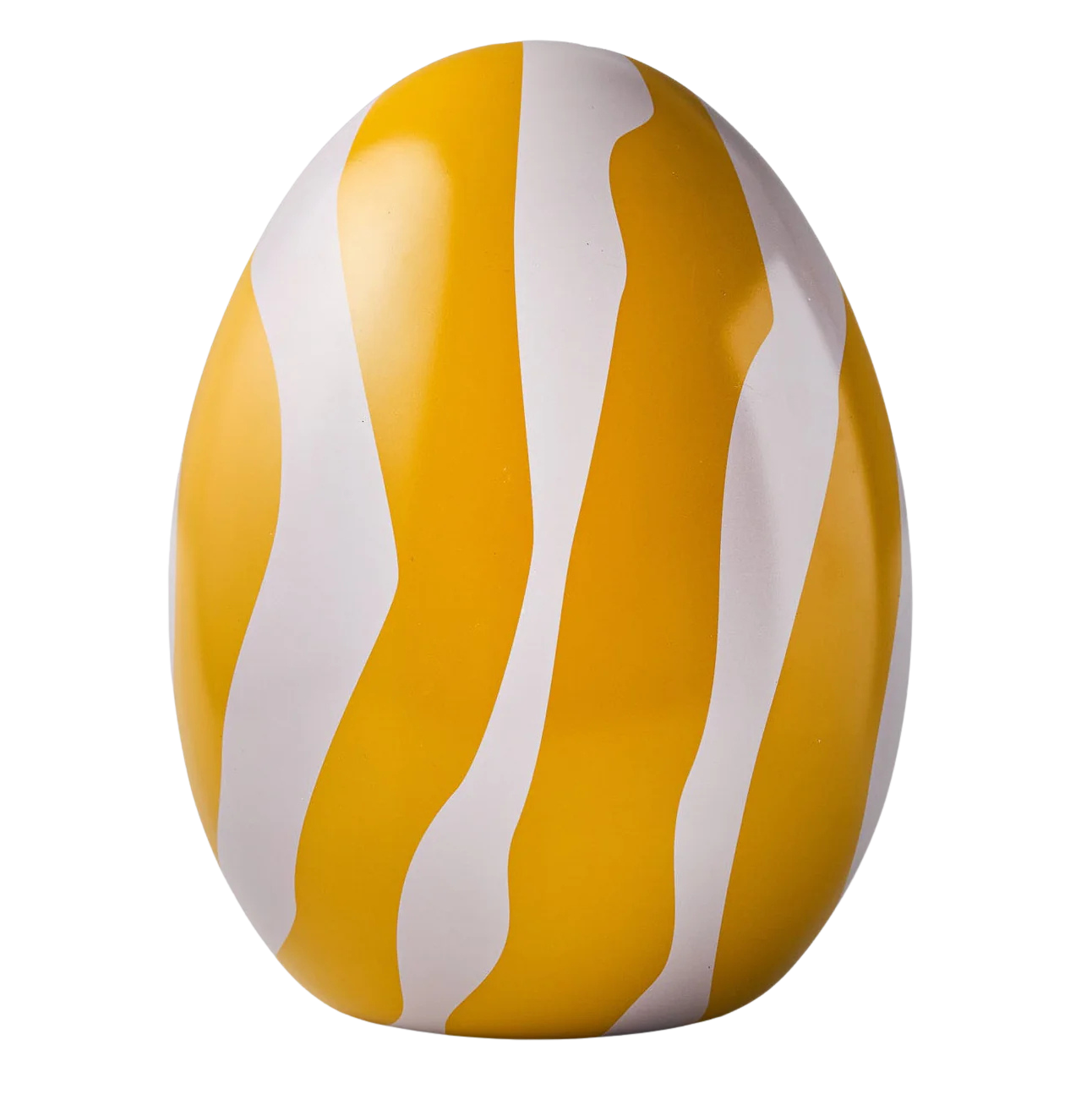 The Gåva Gifting Zebran Big Reusable Easter Egg is a Swedish-style Påskägg in tin, featuring alternating wavy yellow and white stripes and a smooth, egg-shaped design, shown against a plain white background.