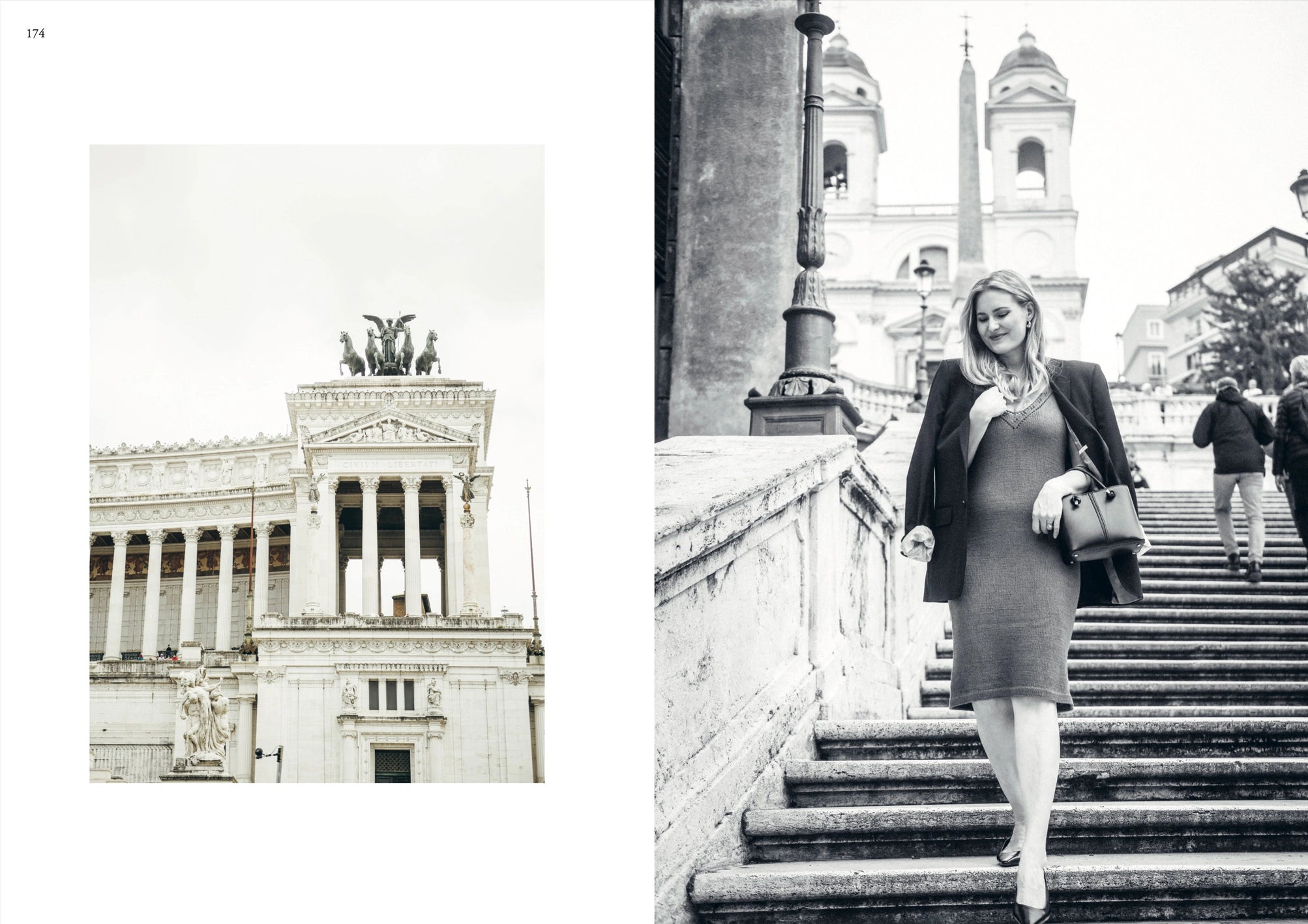 Left: A neoclassical building with grand columns stands tall. Right: A woman, channeling Sari Nordlund's style, descends stone steps in a black and white photo. Products inspired by the Summer Knits Book from Cozy Publishing.