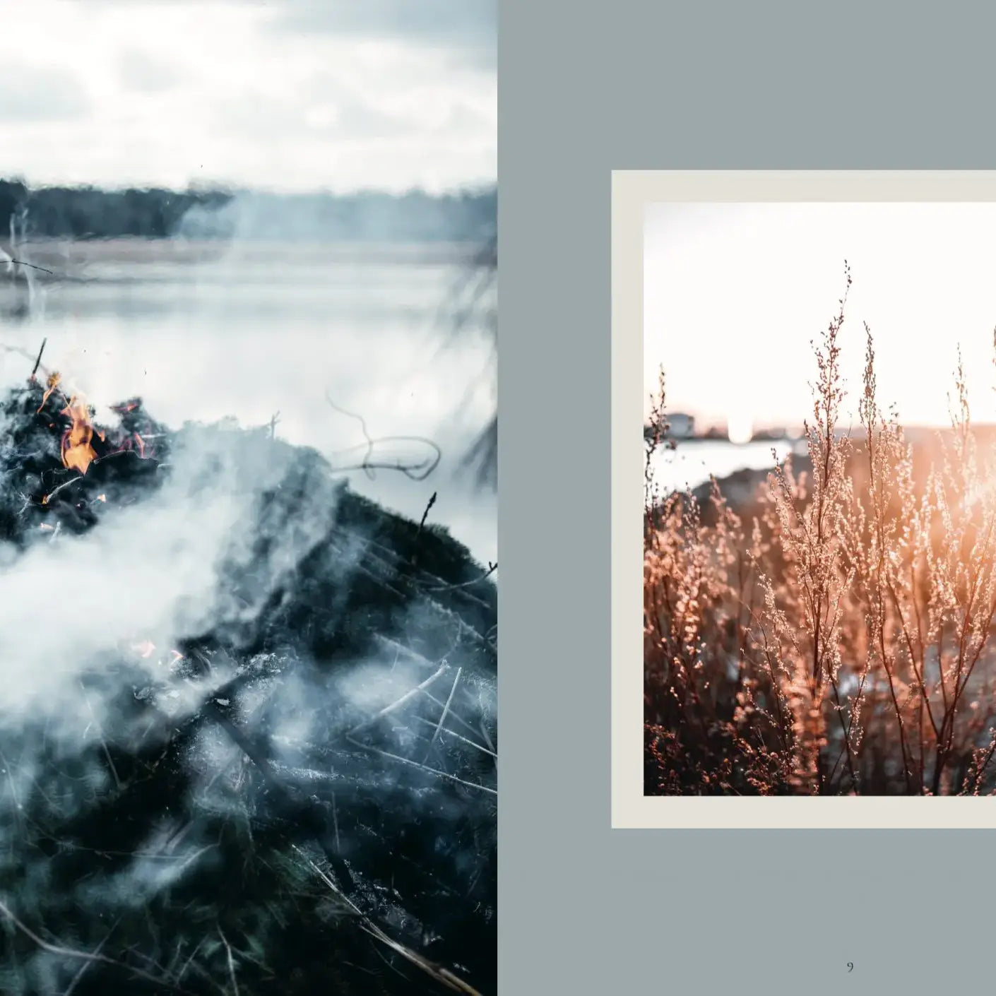 A split image: left shows smoke from a small outdoor fire by water, reflecting Finnish sauna culture; right features sunlit dry grass. Both evoke calm nature, capturing the spirit of "Sauna Book" by Cozy Publishing.