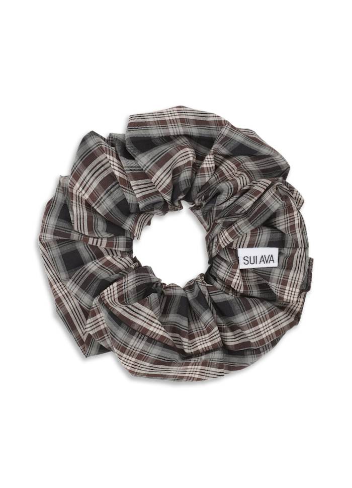Brown and grey Tartan Scrunchie in Brown & Grey featuring a white Sui Ava brand label.