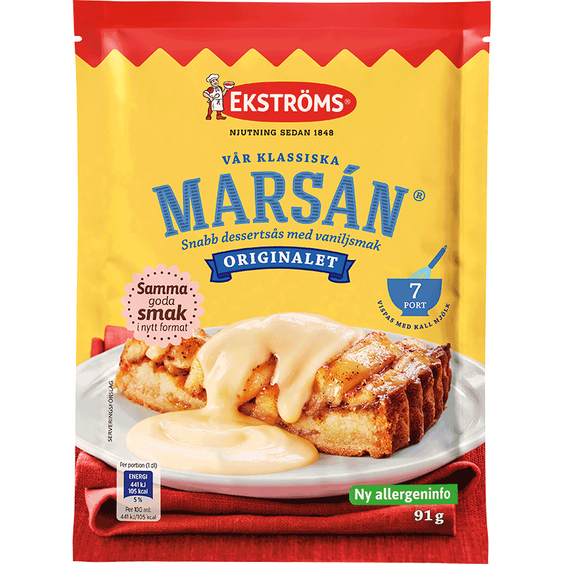 A 91g pack of Blåbär Nordic Living Ekstroms Marsan Instant Custard, showing vanilla sauce over apple pie on the box—ideal for desserts or baking, with details in Swedish.