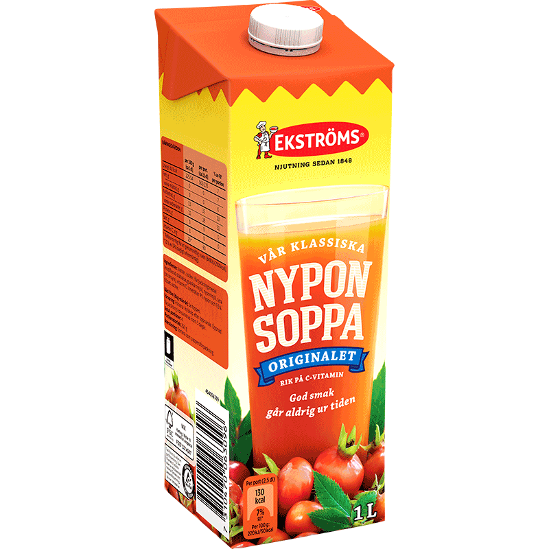 A 1L carton of Deli Ekströms Nyponsoppa Rosehip Drink features classic Swedish flavors, nutrition info, and images of rosehips on the packaging.