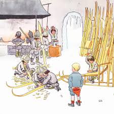 Children in gray uniforms carve wooden skis and poles, while a boy in blue watches. Surrounded by bamboo and tools, the scene echoes the charm of Elsa Beskow’s "Ollie's Ski Trip Mini Edition Book.