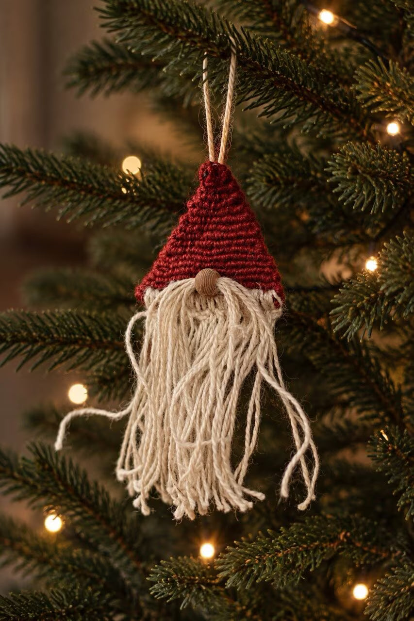 A Strömshaga Nisse Santa Ornament, handmade in jute with a red hat and off-white yarn beard, hangs on the Christmas tree, bringing rustic charm to your holiday décor amid glowing string lights.