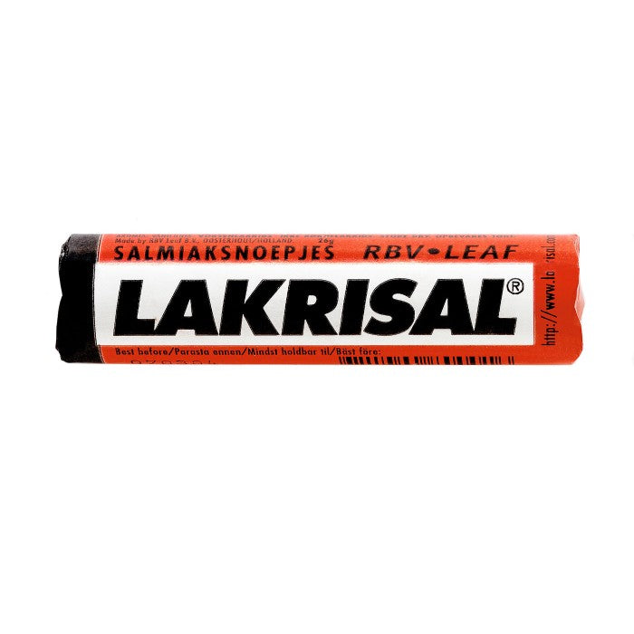 A 25g roll of Deli Lakrisal Salmiak salty liquorice sweets in orange and black packaging.