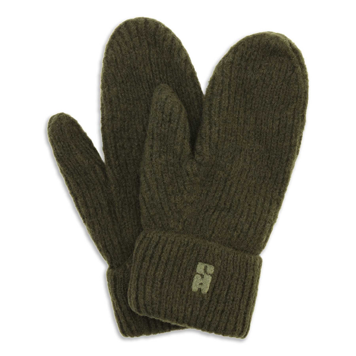 A pair of Brenda Mittens in Dark Green by Sui Ava, featuring chunky rib-knit cuffs and a small light-colored embroidered logo on one cuff.