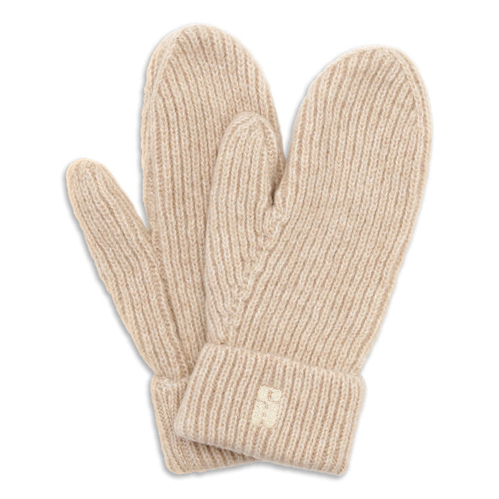 A pair of ribbed knit winter mittens in a light beige color, displayed against a solid white background.
