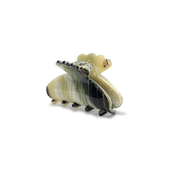 Sui Ava Helle Night Mini Hair Claw Clip in black and beige, featuring a small acetate construction with a marbled pattern.