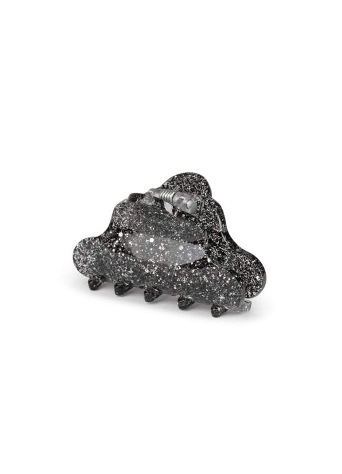 Sui Ava Lene Glitter Mini Hair Claw Clip in Black Diamond, featuring a small black glitter finish, silver accents, and a metal spring.