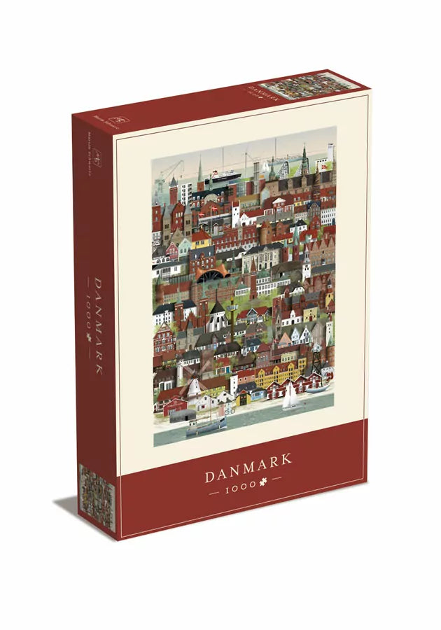 The Martin Schwartz Denmark Puzzle, 1000 Pieces, features an illustrated cityscape of colorful buildings and landmarks labeled "Danmark"—a vibrant family activity for puzzle night.